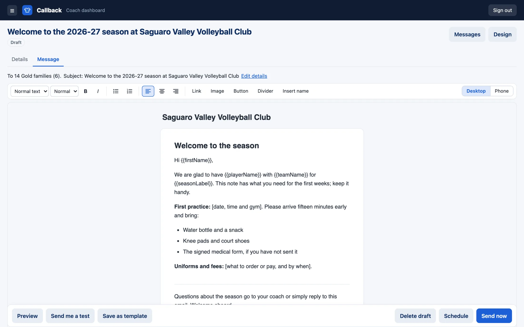 Saguaro Valley's welcome email to the 14 Gold families open in the editor: the toolbar above the email, with its heading, greeting and a bulleted list.