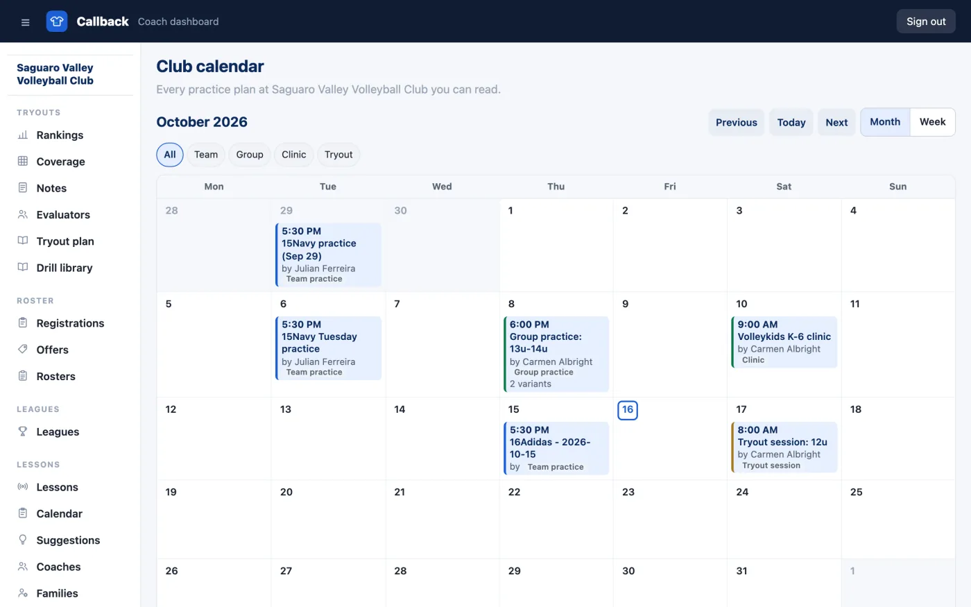 Saguaro Valley's club calendar for October 2026: team practices, a group practice with two variants, a clinic and a tryout session.