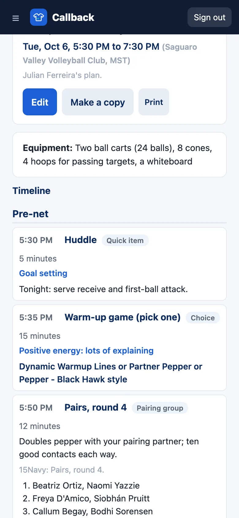 The 15Navy Tuesday practice on a phone: the huddle, the warm-up choice and the pairing block with their start times.